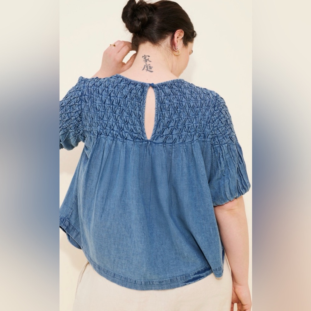 Smocked Blue Women's Peasant Top - Picture 7 of 9